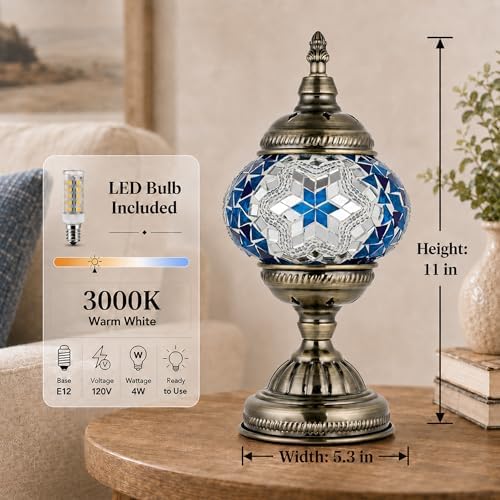 GOGERS Turkish Moroccan Table Lamp Lantern with Handmade Mosaic Glass Lampshade Tiffany Style Bohemian Stained Glass Decorative Desk Lamps Bedside Night Lights for Bedroom (Blue White)