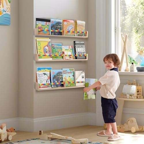 birola Nursery Book Shelves Set of 3,Wood Floating Book Shelves for Wall,Wall Book Shelf for Kids，Bathroom Decor, Kitchen Spice Rack (Five-Color Beads)
