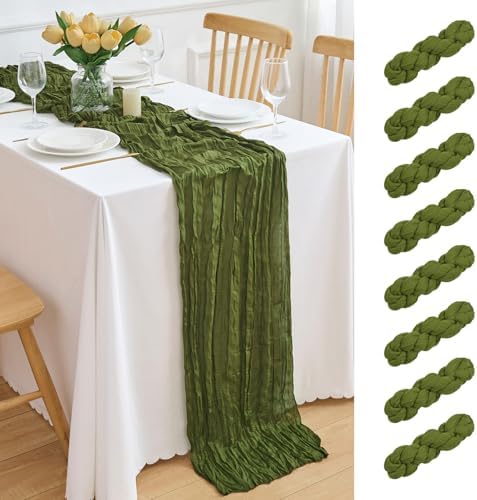 8 Pack Olive Green Cheesecloth Table Runner 21.5 x 120 Inches Boho Gauze Table Runners 10FT Long Cheese Cloth Table Runner for Bridal Shower Baby Shower Birthday Party Wedding Decor