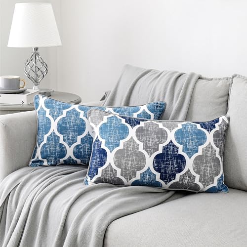 Beauoop Throw Pillow Covers 20x12 for Couch Sofa Moroccan Blue Gray 2 Sets