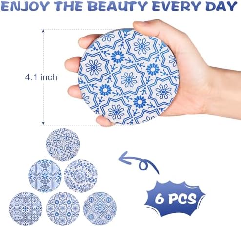 Coasters with Holder,Blue and White Style Ceramic Drink Coaster, Absorbent Coaster Sets of 6 for Tabletop Protection,Suitable for Kinds of Cups,Cool Home Decor, Wooden Table, 4.1 Inches