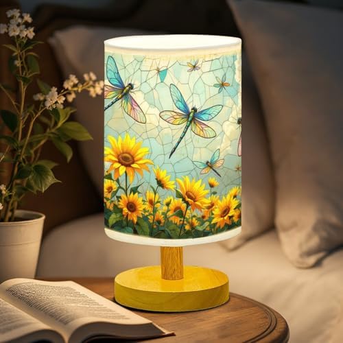 Dragonfly Table Lamp LED 3-Color Pressed Bedside, Dragonfly Shade Lamp with Wood Base for Bedroom Living Room Desk Office TL01