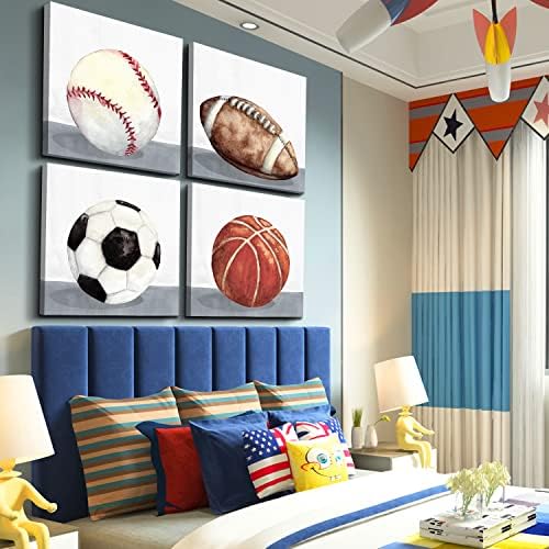 Sports Wall Art Boys Room Wall Decor Vintage Football Soccer Baseball Basketball Them Canvas Wall Arts for Kids Boy Bedroom Nursery Home Decoration 24x24" 4 Pcs Rustic Ball Artwork Painting Baby Gift