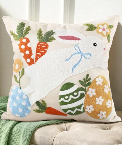Easter Pillow Cover 18x18 Inch – Embroidered Spring Throw Pillow Cover Eggs Rabbit Carrots Farmhouse Decorative Easter Cushion Case with Hidden Zipper for Couch, Sofa, or Living Room(1 Pack)