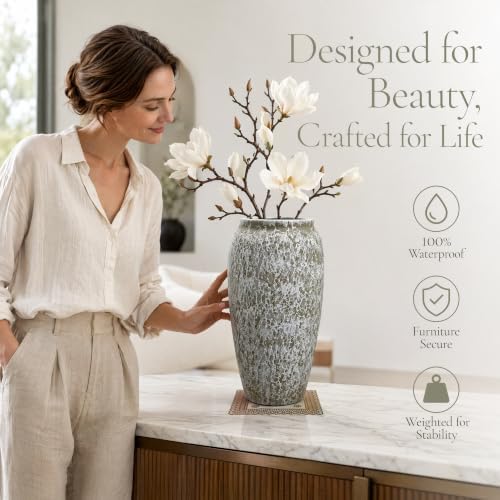 AOZITA Ceramic Flower Vase, 9.3" Tall Rustic Farmhouse Vase with Textured Finish, Slim Vintage Home Decor for Living Room, Kitchen, Bedroom & Office, Antique