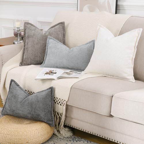 MADIZZ Decorative Chenille Velvet Throw Pillow Covers Set of 2 Soft Boho Textured Neutral Couch Throw Pillow for Bed Modern Farmhouse Home Decor for Sofa Livingroom Cream 20x20 Inch