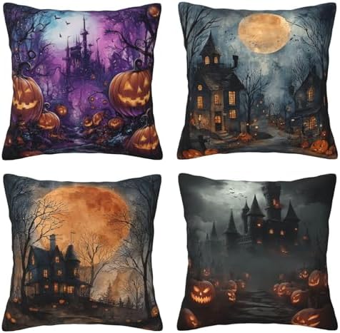 Halloween Horror Castle Throw Pillow Covers Set of 4 Decorative Soft Double Sided Print Pillow Case Farmhouse Home Decor for Living Room Sofa Couch 18x18