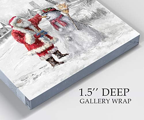 Renditions Gallery Xmas Canvas Paintings for Home Decorations Joyful Santa with Snowman in in Winter Snow Abstract Wall Art for Dining Living Room Kitchen Decor - 16"X16" LT05