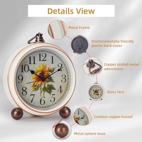 Classic Vintage Table Clock - 5.2in Cute Sunflower Analog Clock, Silent Non-Ticking Desk Clock with Distressed Metal Frame for Office, Living Room or Bedroom (Sunflower)