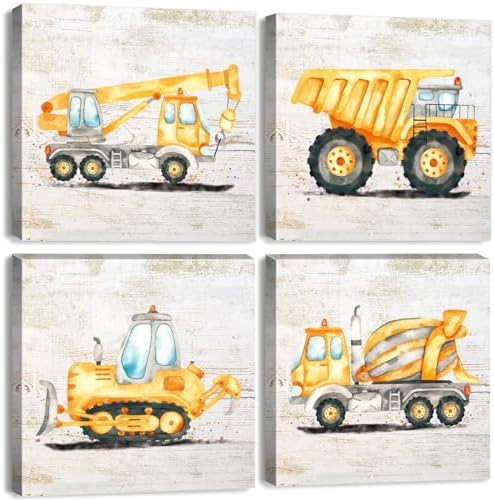 Construction Wall Decor for Boys Room Dump Truck Wall Art Tractor Excavator Canvas Pictures Car Poster Watercolor Vehicle Prints Paintings for Toddler Bedroom Nursery Home Decorations 18x18"4Pcs