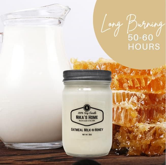 Nika's Home Oatmeal Milk-N-Honey Soy Candle - 12oz Mason Jar - Non-Toxic - Hand Poured in The USA, Long Burning 50-60 Hours Highly Scented All Natural, Clean Burning