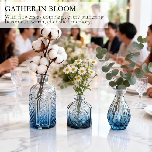 Clear Gradient Blue Glass Bud Vase Set of 14 Pcs,Small Bud Vases in Bulk,Glass Crystal Flower Vases Table Centerpieces for Party Event Wedding Decor Baby Shower Decorations (Gradient Blue, 14 Pcs)