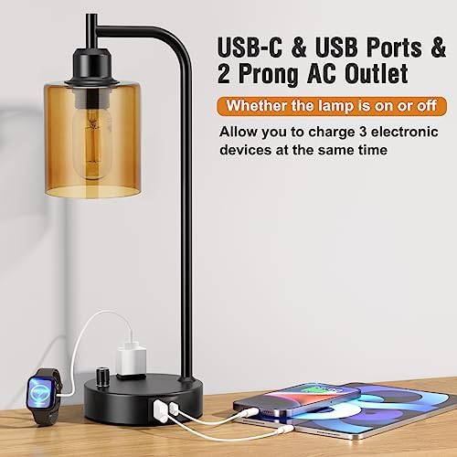 Industrial Bedside Lamps for Nightstand Set of 2 - Fully Dimmable Bedroom Lamps with USB A C Ports and Outlet, Black Table Lamps with Amber Glass Shade for Living Room, Desk Lamps for Office Reading