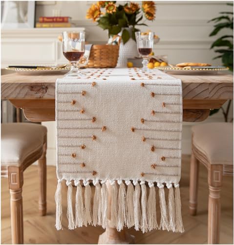Boho Table Runner 13 x 72 Inch Long Natural Cotton Woven Runner with Tassels for Home Dining Table décor, for Modern Farmhouse Decor Coffee Table Runner, Brown and Beige