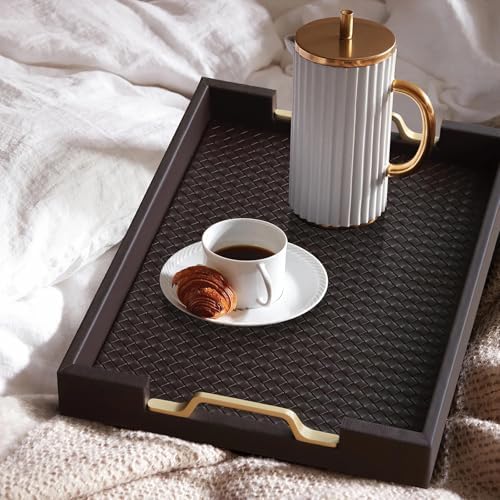HofferRuffer Faux Leather Rectangle Serving Tray Decor Platter with Gold Metal Handles for Coffee Table, Breakfast, Tea, Food, Countertop, Kitchen, Butler Tray, 16.2 x 12.2 x 2 inches (Coffee)