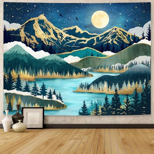 Neasow Mountain Moon Tapestry, Nature Forest Tree Lake Landscape Tapestries Star Starry Night Teal Blue Wall Decor for Home Bedroom 60×80 inch
