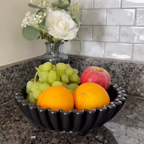 KULEDM Ceramic Decorative Bowl Home Decor - 10in Black Scalloped Ruffle Fruit Bowl for Kitchen Counter, Dishwasher & Microwave Safe