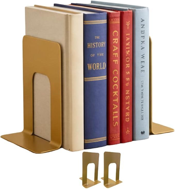 Alessk Gold Metal Bookends for Shelves – Heavy Duty Decorative Bookends for Heavy Books – Modern Book Ends for Home Office Bookshelf – 1 Pairs (2 Pieces)