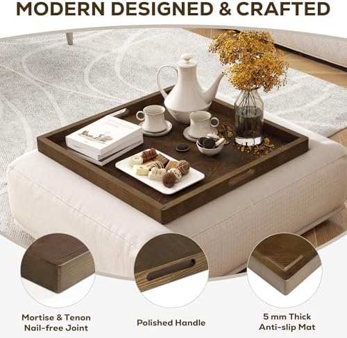 Axeman 22 Inch Large Square Wooden Ottoman Tray for Living Room|Extra Large Serving Tray with Handles for Coffee Table, Breakfast|Decorative Wood Tray for Ottoman Couch Sofa Kitchen|Walnut