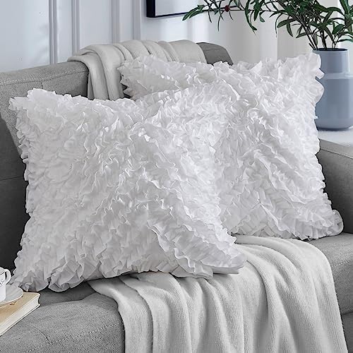 Leeden 18x18 Pillow Covers, Cushion Throw Pillow Cover Pillowcase Set of 2, Farmhouse Decorative Cushion case, 3D Design Handmade Pillowcase with Ruffles, White