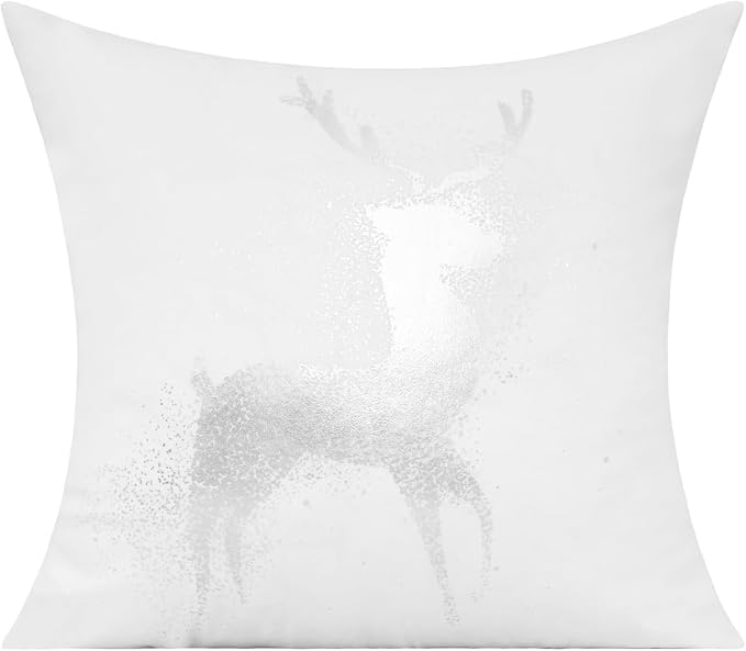 All Smiles White Silver Christmas Throw Pillow Covers Cases 20X20 Set of 4 Winter Xmas Navidad Decorations Indoor Home Holiday Décor Ornaments Velvet Cushion for Sofa Tree Snowflake Reindeer