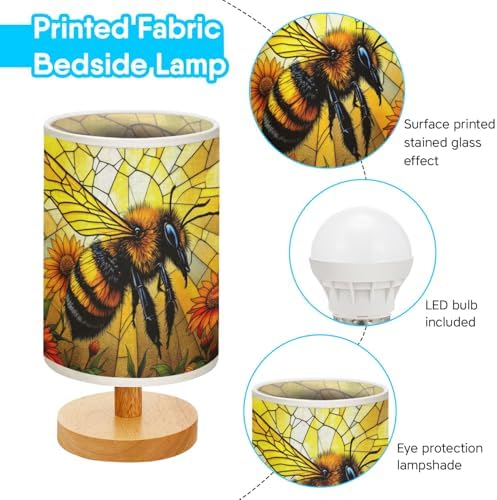 Bee Table Lamp LED 3-Color Pressed Bedside, Bee Shade Lamp with Wood Base for Bedroom Living Room Desk Office TL01