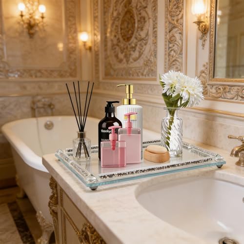 Large Mirror Perfume Tray for Dresser,Crushed Diamond Glass Tray