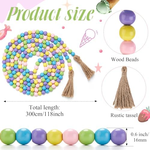 Equsion Rustic Wood Bead Garland with Tassel Farmhouse,Macaron Color