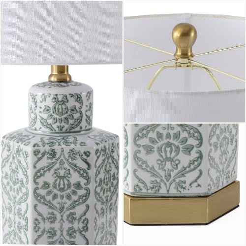 JONATHAN Y Diana 23.5" Green & White Floral Ceramic Table Lamp, Brass Base