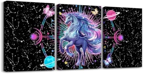 Feelyou Galaxy Unicorn 3 Piece Canvas Wall Art for Living Room Bedroom Solar System Wall Art for Home Decor Sun Moon Office Wall Decor Space Outer Sky Wall Painting