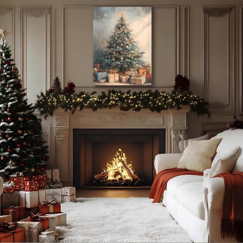 Framed Vintage Canvas Wall Art, Rustic Winter Evergreen Tree Pictures 24x36inch Pine Tree with Gifts Wall Decor for Kitchen, Bathroom, Room Decor Perfect for Winter, Christmas Decoration