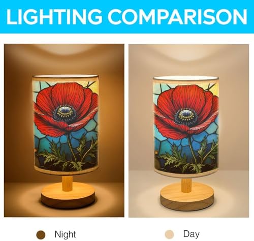 Poppy Table Lamp LED 3-Color Pressed Bedside, Poppy Shade Lamp with Wood Base for Bedroom Living Room Desk Office TL01