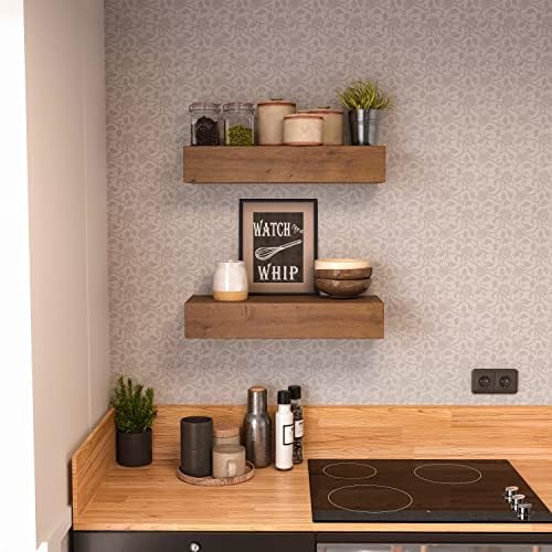 Wall Floating Shelves, Rustic Wood Wall Shelf Handmade - Wooden Shelves for Bathroom Kitchen Livingroom(Light Walnut, 17 Inch - 2 Pack)