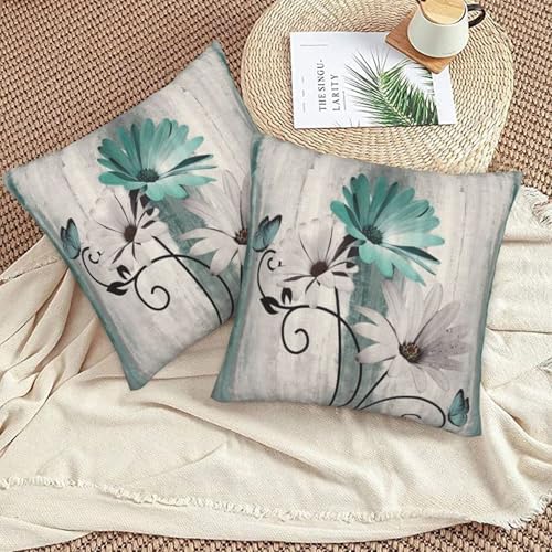 Teal Floral Pillow Covers 20 x 20 Inch Set of 2 Daisy Floral Butterfly Decorative Throw Pillow Covers Linen Rustic Farmhouse Cushion Cases for Home Sofa Couch Living Room Decor