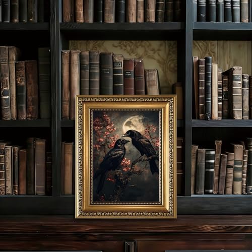 Gold Framed Gothic Raven Wall Art Dark Academia Canvas Art Prints | Vintage Crow Cherry Blossom Paintings Moody Full Moon Pictures Wall Decor Artwork for Living Room Bedroom 8x10in