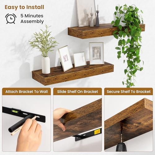 Fun Memories Floating Shelves Bathroom for Wall Mounted Shelves, 20 Inch Wood Shelf Set of 2, Home Storage & Display Decor, Rustic Brown