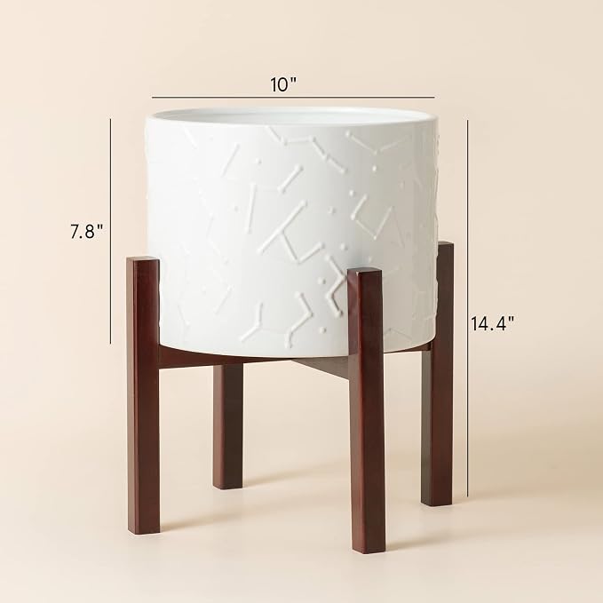 LA JOLIE MUSE Ceramic Pot for Plants, 10 Inch Indoor Planter with Stand | Decorative Plant Pot with Wood Stand and Drainage Hole, Flower Pots for Indoor Plants, Living room, Bedroom, Home Decor