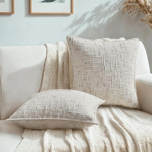 HAUSSY Pack of 2 Chenille Tweed Throw Pillow Covers 20x20 Inch, Cream