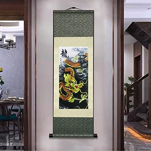 AtfArt Chinese Landscape Painting Asian Wall Art Silk Scroll Painting Chinese Dragon Decoration Scroll Wall Five Paws Golden Dragon Decor Posters for Room Aesthetic Gallery Wall 36.2 x 12 in(L1)
