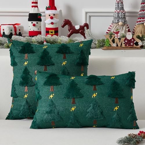UGASA Star Christmas Decorative Pillow Covers 18x18 Inch Set of 2 Soft Plush Faux Fur Jacquard Throw Pillows Pillowcases for Couch Sofa Holiday Festivals Winter Home Decor, Dark Green