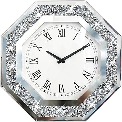 Wall Clock, Octagon Mirror Glass Clock, Cute Diamond 12-inch Non-Ticking Clock for Wall Décor, Perfect Home Decor for Bedroom, Bathroom Motif, Dining Room(Excluding Batteries.)