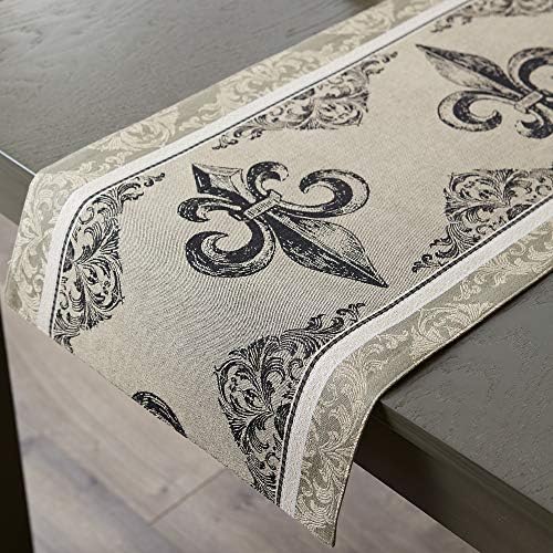 DII French Style Tabletop Kitchen Collection, Table Runner, 14x72, Fleur de Lis Stripe