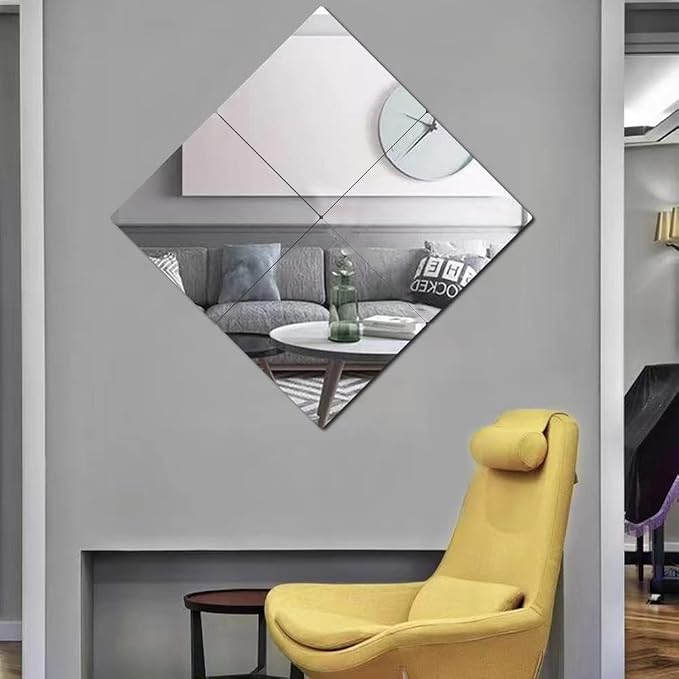 Acrylic Mirror Tiles, 8x8 in Shatterproof Wall Mirrors, 4 Pack | Flexible acrylic, adhesive foam tapes included, for bedroom doors, closets, gym, dorm, and DIY wall decor.