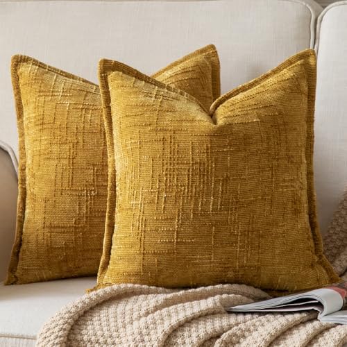 Yaertun Chenille Throw Pillow Covers 18x18 Inch Set of 2 Textured Broadside Soft Cozy Velvet Pillow Covers Modern Farmhouse Boho Decorative Pillow Cases for Couch Bed Sofa Livingroom Ginger