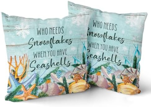 Giwawa Coastal Christmas Pillow Covers Set of 2, Blue Nautical Seashell Xmas Winter Snowflakes Throw Pillow Cases 16x16 Inch, Double Sided Square Cushion Covers for Sofa Couch Bedding Decor
