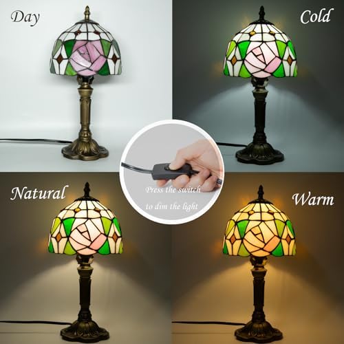 Small Tiffany Table Lamp, 3 Color Temperature, 8 Inch Antique Stained Glass Lamp for Bedroom Living Room Home, Handcrafted Light, Included Bulb (D Rose)