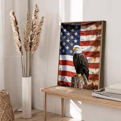 American Flag Framed Canvas Wall Art, 4th of July Patriotic Canvas Prints | USA Flag with Bald Eagle Poster Print, Vintage Independence Day Wall Decor for Bedroom Living Room 8×10in