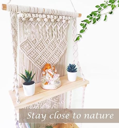 Macrame Wall Hanging Shelf 3 Tier Boho Wall Plant Hanger Shelves, Handmade of Woven Rope Boho Shelves Organizer for Living Room Bathroom Home Storage Floating Plant Rack Bohemian décor