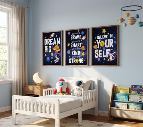3Pcs Inspirational Space Astronaut Kids Poster Wall Art, Inspirational Quotes Painting Picture Wall Decor, Boys Positive Affirmative Poster Print Artwork for Playroom, Classroom, 16x24in Unframed