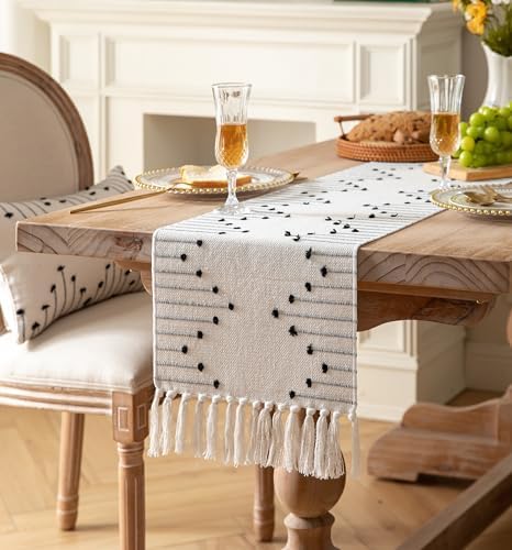 Boho Table Runner 13 x 108 Inch Long Natural Cotton Woven Runner with Tassels for Home Dining Table décor, for Modern Farmhouse Decor Coffee Table Runner, Black and Beige